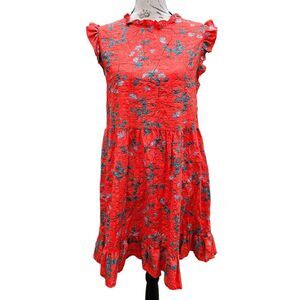 Ces Femme Women's Red Floral Cotton Ruffle‎ Sleeveless Mini Dress Size Medium